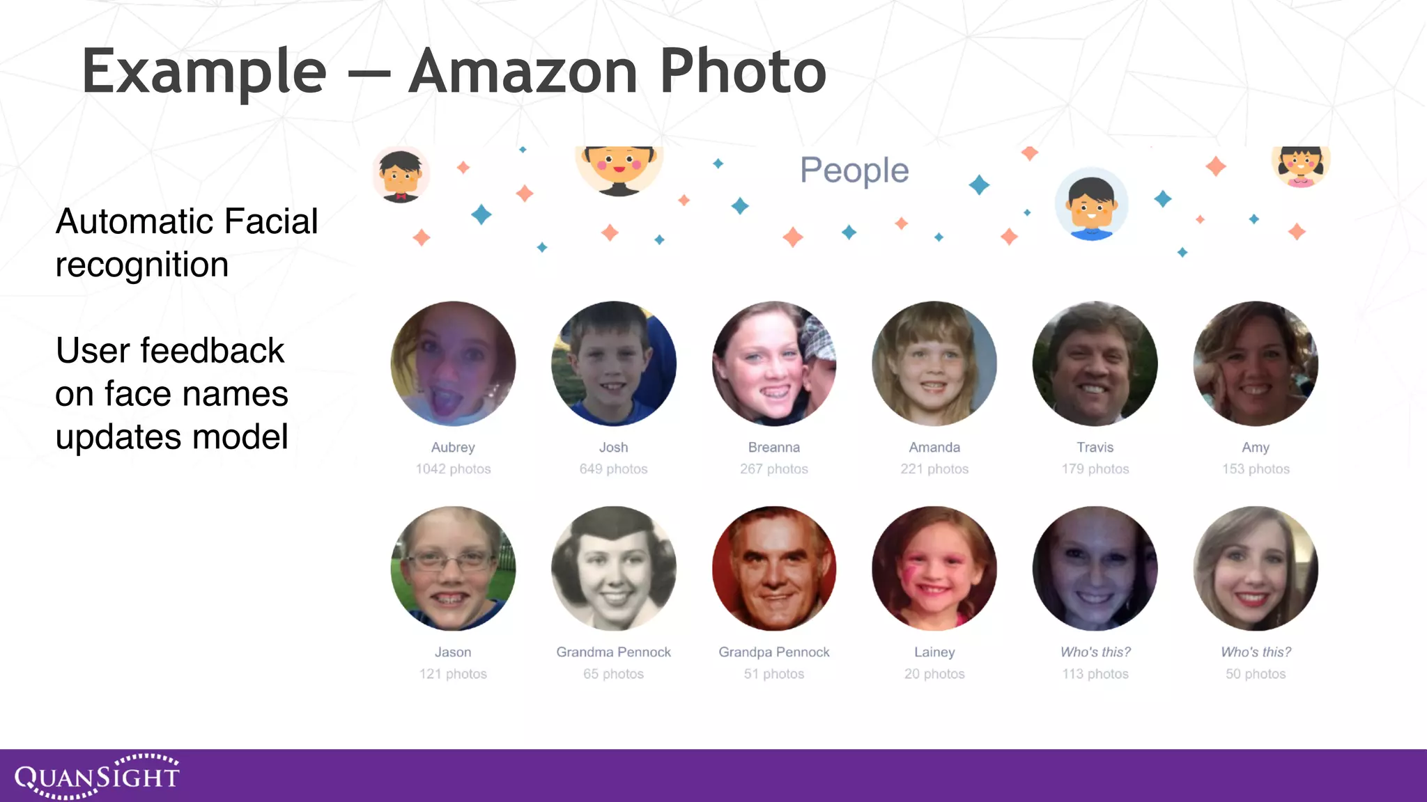 Example — Amazon Photo Automatic Facial recognition User feedback on face names updates model 