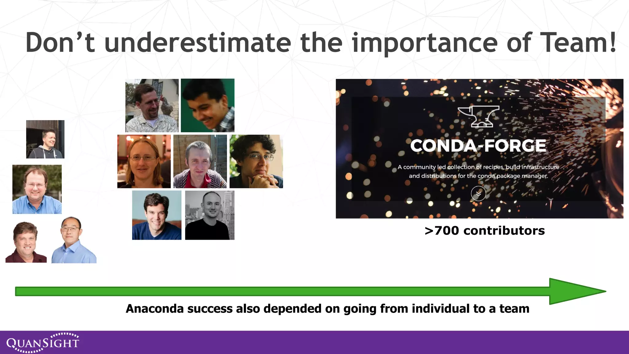 Don’t underestimate the importance of Team! Anaconda success also depended on going from individual to a team >700 contributors 