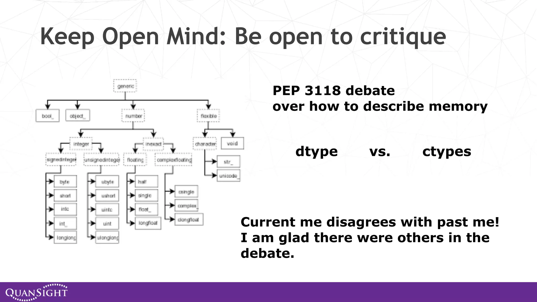 Keep Open Mind: Be open to critique dtype ctypes PEP 3118 debate over how to describe memory vs. Current me disagrees with past me! I am glad there were others in the debate. 