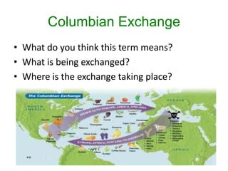 Columbian Exchange
• What do you think this term means?
• What is being exchanged?
• Where is the exchange taking place?
 
