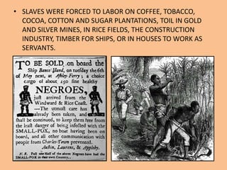 • SLAVES WERE FORCED TO LABOR ON COFFEE, TOBACCO,
  COCOA, COTTON AND SUGAR PLANTATIONS, TOIL IN GOLD
  AND SILVER MINES, IN RICE FIELDS, THE CONSTRUCTION
  INDUSTRY, TIMBER FOR SHIPS, OR IN HOUSES TO WORK AS
  SERVANTS.
 