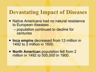 Devastating Impact of Diseases Native Americans had no natural resistance to European diseases . population continued to decline for centuries Inca empire  decreased from 13 million in 1492 to 2 million in 1600. North American  population fell from 2 million in 1492 to 500,000 in 1900. 