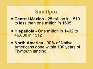 Smallpox Central Mexico  - 25 million in 1519 to less than one million in 1605 Hispa ñ ola  - One million in 1492 to 46,000 in 1512 North America  - 90% of Native Americans gone within 100 years of Plymouth landing 