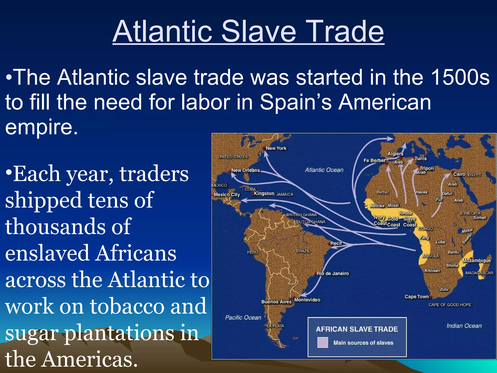 Atlantic Slave Trade The Atlantic slave trade was started in the 1500s to fill the need for labor in Spain’s American empire.  Each year, traders shipped tens of thousands of enslaved Africans across the Atlantic to work on tobacco and sugar plantations in the Americas. 
