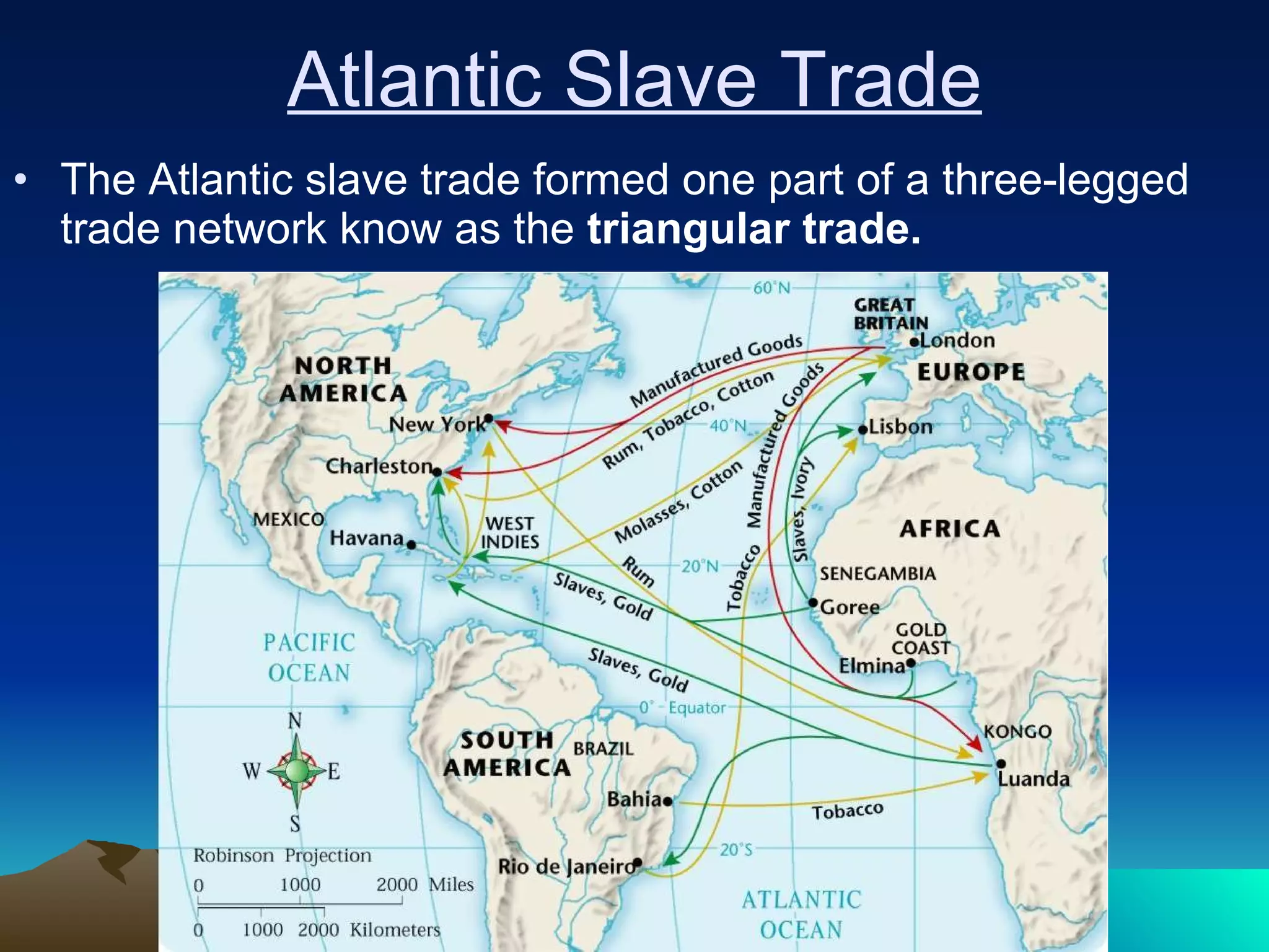 Atlantic Slave Trade The Atlantic slave trade formed one part of a three-legged trade network know as the  triangular trade. 