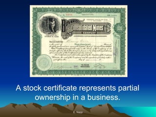E. Napp A stock certificate represents partial ownership in a business. 