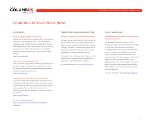 6
POLICY & ADVOCACYIN THE NEWS
ECONOMIC DEVELOPMENT NEWS
COLUMBUS 2020 MONTHLY UPDATE | MARCH 2015
TRANSPORTATION & INFRASTRUCTURE
Columbus Region ranked a top 10 metro
Moving up one spot from its ranking in 2014, the Columbus
Region has been recognized as No. 7 on Site Selection
expanded facilities in 2014. Ohio repeated for the third time
its second-place finish in the Governors Cup, with 582
projects, and again, took the No. 2 spot in the per capita
ranking.
http://bit.ly/1NWiCXP
Ohio has record export year in 2014
Ohio companies exported $52.1 billion in goods during 2014
setting a record for the state. Ohio ranks No. 9 in the U.S.
include Canada, Mexico and China.
http://bit.ly/1aeh2Dp
Columbus No. 13 large metro area for job creation
In a recent Gallup report analyzing the 50 largest metros,
Columbus ranked No. 13 with a Job Creation Index score of
33 based on respondents who say their employer is hiring
and expanding the size of its workforce minus the
percentage who say their employer is reducing the size of
its workforce.
http://bit.ly/1GZdeAG
For all of the latest news, visit:
http://columbusregion.com/Media-center/Recent-
News.aspx
Development Services Agency increasing funds
for export promotion
The Development Services Agency (DSA) is
increasing its export promotion funds by $115,000
to assist Ohio small businesses interested in
increasing export activity. DSA works with seven
contract companies throughout the globe that
cover 35 countries and handle marketing and
export promotion for Ohio companies. Each office
typically receives $45,000 annually, but the
growing offices in the United Kingdom, Asia and
Mexico City will receive additional funds to help
Ohio companies market themselves and connect
with trade partners.
For more information, visit: http://bit.ly/1OiPaxd
Air cargo numbers spike at Rickenbacker Airport
Air cargo was up over 65 percent from February of
last year with a total of 17.1 million pounds of air
cargo moved through Rickenbacker Airport during
February. The spike in volume was primarily due to
labor disputes at West Coast ports which caused
companies to transport more goods by air.
Passenger travel was also up nearly 35 percent from
a year ago due to expanded flight offerings from
Allegiant Air out of Rickenbacker Airport.
For more information, visit: http://bit.ly/1z1PuYh
 