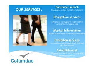 Customer search
OUR SERVICES :     Ricerchiamo i vostri nuovi clienti all’estero



                      Delegation services
                    Prepariamo e sviluppiamo i vostri incontri
                          commerciali in Europa e Asia


                      Market information
                 Ricerca di mercato e nuove strategie commerciali


                        Exhibiton services
                  Promuoviamo i vostri prodotti nelle principali
                            fiere internazionali

                           Estabilishment
                   Vi supportiamo per le vostre nuove attività
                              commerciali all’estero
 