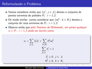 Reformulando o Problema

   Vamos considerar ent˜o que {xij : j ∈ Ji } denota o conjunto de
                       a
   pontos extremos do poliedro Pi : i = 1, 2.
   De modo similar, vamos considerar que {wik : k ∈ Ki } denota o
   conjunto de raios extremos de Pi : i = 1, 2.
   Observe ent˜o que pelo Teorema de Minkowski, um ponto qualquer
                a
   xi ∈ Pi : i = 1, 2 pode ser escrito como:


                xi =          λj xij +
                               i                 θik wik
                       j∈Ji              k∈Ki

                                                λj = 1
                                                 i
                                         j∈Ji

                                                λij ≥ 0, j ∈ Ji
                                             θik ≥ 0, k ∈ Ki

                 Alexandre Salles da Cunha        Otimiza¸˜o de Grande Porte
                                                         ca
 
