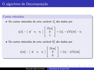 O algoritmo de Decomposi¸˜o
                        ca


Custos reduzidos
    Os custos reduzidos de uma vari´vel λj s˜o dados por
                                   a     2 a
                                               j 
                                           D 2 x2
            ′ j                                                  j
                                           0  = (c2 − q ′ D2 )x2 − r2
                                                    ′
           c2 x2 −     q ′ r1 r2
                                             1
                                         k a
    Os custos reduzidos de uma vari´vel θ2 s˜o dados por
                                   a
                                                   j 
                                                D2 w1
              ′ j                                                     j
                                                0  = (c2 − q ′ D2 )w2
                                                         ′
             c2 w2 −      q ′ r1 r2
                                                 0



                   Alexandre Salles da Cunha       Otimiza¸˜o de Grande Porte
                                                          ca
 