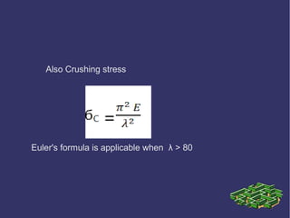 Also Crushing stress
Euler's formula is applicable when λ > 80
 