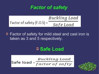 Factor of safety
➲ Factor of safety for mild steel and cast iron is
taken as 3 and 5 respectively.
➲ Safe Load
 