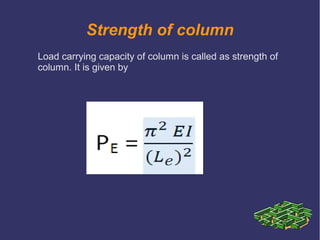 Strength of column
Load carrying capacity of column is called as strength of
column. It is given by
 