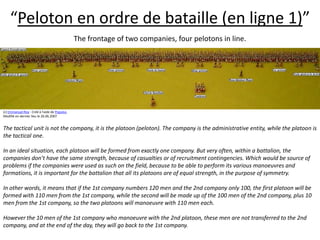 “Peloton en ordre de bataille (en ligne 1)”The frontage of two companies, four pelotons in line. (c) Emmanuel Roy - Créé à l'aide de Populus.Modifié en dernier lieu le 26.06.2007The tactical unit is not the company, it is the platoon (peloton). The company is the administrative entity, while the platoon is the tactical one.  In an ideal situation, each platoon will be formed from exactly one company. But very often, within a battalion, the companies don’t have the same strength, because of casualties or of recruitment contingencies. Which would be source of problems if the companies were used as such on the field, because to be able to perform its various manoeuvres and formations, it is important for the battalion that all its platoons are of equal strength, in the purpose of symmetry.  In other words, it means that if the 1st company numbers 120 men and the 2nd company only 100, the first platoon will be formed with 110 men from the 1st company, while the second will be made up of the 100 men of the 2nd company, plus 10 men from the 1st company, so the two platoons will manoeuvre with 110 men each. However the 10 men of the 1st company who manoeuvre with the 2nd platoon, these men are not transferred to the 2nd company, and at the end of the day, they will go back to the 1st company. 