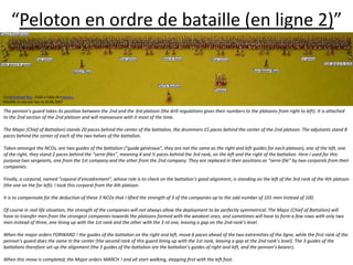 “Peloton en ordre de bataille (en ligne 2)”(c) Emmanuel Roy - Créé à l'aide de Populus.Modifié en dernier lieu le 26.06.2007The pennon’s guard takes its position between the 2nd and the 3rd platoon (the drill regulations gives their numbers to the platoons from right to left). It is attached to the 2nd section of the 2nd platoon and will manoeuvre with it most of the time.  The Major (Chief of Battalion) stands 20 paces behind the center of the battalion, the drummers 15 paces behind the center of the 2nd platoon. The adjutants stand 8 paces behind the center of each of the two halves of the battalion.  Taken amongst the NCOs, are two guides of the battalion (“guide généraux”, they are not the same as the right and left guides for each platoon), one of the left, one of the right, they stand 2 paces behind the “serre-files”, meaning 4 and ½ paces behind the 3rd rank, on the left and the right of the battalion. Here I used for this purpose two sergeants, one from the 1st company and the other from the 2nd company. They are replaced in their positions as “serre-file” by two corporals from their companies.  Finally, a corporal, named “caporal d’encadrement”, whose role is to check on the battalion’s good alignment, is standing on the left of the 3rd rank of the 4th platoon (the one on the far left). I took this corporal from the 4th platoon.  It is to compensate for the deduction of these 3 NCOs that I lifted the strength of 3 of the companies up to the odd number of 101 men instead of 100.  Of course in real life situation, the strength of the companies will not always allow the deployment to be perfectly symmetrical. The Major (Chief of Battalion) will have to transfer men from the strongest companies towards the platoons formed with the weakest ones, and sometimes will have to form a few rows with only two men instead of three, one lining up with the 1st rank and the other with the 3 rd one, leaving a gap on the 2nd rank’s level.  When the major orders FORWARD ! the guides of the battalion on the right and left, move 6 paces ahead of the two extremities of the ligne, while the first rank of the pennon’s guard does the same in the center (the second rank of this guard lining up with the 1st rank, leaving a gap at the 2nd rank’s level). The 3 guides of the battalions therefore set up the alignment (the 3 guides of the battalion are the battalion’s guides of right and left, and the pennon’s bearer).  When this move is completed, the Major orders MARCH ! and all start walking, stepping first with the left foot.  