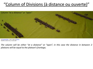 “Column of Divisions (à distance ou ouverte)”Column “at a distance” or “open”   (c) Emmanuel Roy - Créé à l'aide de Populus.Modifié en dernier lieu le 26.06.2007The column will be either “at a distance” or “open”, in this case the distance in between 2 platoons will be equal to the platoon’s frontage;  