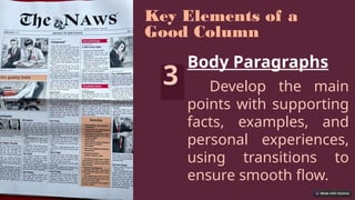 Key Elements of a
Good Column
3
Body Paragraphs
Develop the main
points with supporting
facts, examples, and
personal experiences,
using transitions to
ensure smooth flow.
 