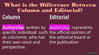 What is the Difference Between
Column and Editorial?
Column
Authorship: written by
specific individual such
as columnist, who has
their own voice and
perspective.
Editorial
Authorship: represents
the official opinion of
the editorial board or
the publication
 