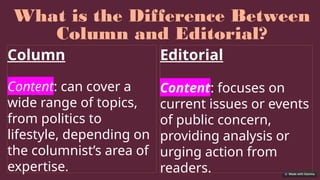 What is the Difference Between
Column and Editorial?
Column
Content: can cover a
wide range of topics,
from politics to
lifestyle, depending on
the columnist’s area of
expertise.
Editorial
Content: focuses on
current issues or events
of public concern,
providing analysis or
urging action from
readers.
 