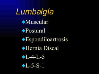 Lumbalgía Muscular Postural Espondiloartrosis Hernia Discal L-4-L-5 L-5-S-1 