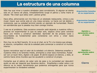 Sólo hay que mirar a nuestro alrededor para corroborarlo. Si alguien se sienta
solo en un banco de plaza, inmediatamente surge el pánico y echa mano al
celular. “No crean que estoy solo”, parece gritar.

Argumentos basados
en su experiencia

Hace años, almorzando con mis hijos en un atestado restaurante, vimos a una
mujer mayor que comía sola en una mesa cercana. Lo hacía con tal deleite y
reverencia, que su soledad terminó siendo un ejemplo de humanidad. Mostró
sin estridencias que lo pasaba muy bien consigo misma.

Argumentos basados
en su experiencia

Y ese es el problema. Esta excesiva conexión está dejando a nuestros niños y
jóvenes sin experimentar lo que es estar solo, espacio único para volverse
hacia uno mismo y construir identidad. Aprender de las propias luces y
oscuridades es fundamental para conectarse con otros y crear lazos
verdaderos.

Opinión u
apreciación sobre
el tema

Pero hoy no es fácil hacerlo. Si no es el chat, es la TV o la música que atrapa
al silencio, compañero vital de la soledad para comenzar a construir el mundo
interior.
Quiero reivindicar aquí el valor de la soledad y el silencio. Debemos enseñar a
nuestros niños a no tenerles miedo, animarlos a crear esos momentos. Puede
ser con un buen libro, digital o de papel. Él abrirá espacio al silencio, y éste, al
camino hacia otros mundos que les ayudarán a construir el propio.
Contarles que el pánico de estar solo da paso a la curiosidad por descubrir
quién es ese ser especial que llevamos dentro. Enseñarles a estar solos y en
silencio es la mejor herramienta que podemos entregarles para que nunca
experimenten la verdadera soledad.

Opinión u
apreciación sobre
el tema

Cierre

 