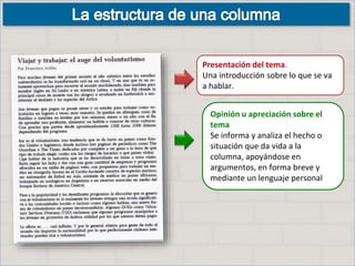 Presentación del tema.
Una introducción sobre lo que se va
a hablar.
Opinión u apreciación sobre el
tema
Se informa y analiza el hecho o
situación que da vida a la
columna, apoyándose en
argumentos, en forma breve y
mediante un lenguaje personal
 