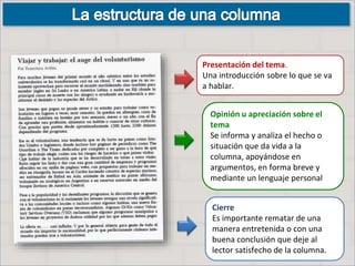 Presentación del tema.
Una introducción sobre lo que se va
a hablar.
Opinión u apreciación sobre el
tema
Se informa y analiza el hecho o
situación que da vida a la
columna, apoyándose en
argumentos, en forma breve y
mediante un lenguaje personal
Cierre
Es importante rematar de una
manera entretenida o con una
buena conclusión que deje al
lector satisfecho de la columna.
 