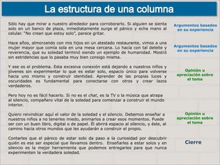 Sólo hay que mirar a nuestro alrededor para corroborarlo. Si alguien se sienta
solo en un banco de plaza, inmediatamente surge el pánico y echa mano al
celular. “No crean que estoy solo”, parece gritar.
Hace años, almorzando con mis hijos en un atestado restaurante, vimos a una
mujer mayor que comía sola en una mesa cercana. Lo hacía con tal deleite y
reverencia, que su soledad terminó siendo un ejemplo de humanidad. Mostró
sin estridencias que lo pasaba muy bien consigo misma.
Y ese es el problema. Esta excesiva conexión está dejando a nuestros niños y
jóvenes sin experimentar lo que es estar solo, espacio único para volverse
hacia uno mismo y construir identidad. Aprender de las propias luces y
oscuridades es fundamental para conectarse con otros y crear lazos
verdaderos.
Pero hoy no es fácil hacerlo. Si no es el chat, es la TV o la música que atrapa
al silencio, compañero vital de la soledad para comenzar a construir el mundo
interior.
Quiero reivindicar aquí el valor de la soledad y el silencio. Debemos enseñar a
nuestros niños a no tenerles miedo, animarlos a crear esos momentos. Puede
ser con un buen libro, digital o de papel. Él abrirá espacio al silencio, y éste, al
camino hacia otros mundos que les ayudarán a construir el propio.
Contarles que el pánico de estar solo da paso a la curiosidad por descubrir
quién es ese ser especial que llevamos dentro. Enseñarles a estar solos y en
silencio es la mejor herramienta que podemos entregarles para que nunca
experimenten la verdadera soledad.
Cierre
Argumentos basados
en su experiencia
Opinión u
apreciación sobre
el tema
Argumentos basados
en su experiencia
Opinión u
apreciación sobre
el tema
 