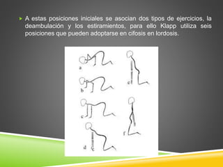  A estas posiciones iniciales se asocian dos tipos de ejercicios, la
deambulación y los estiramientos, para ello Klapp utiliza seis
posiciones que pueden adoptarse en cifosis en lordosis.
 