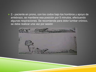  2.- paciente en prono, con los codos bajo los hombros y apoyo de
antebrazo, se mantiene esa posición por 5 minutos, efectuando
algunas respiraciones. Se recomienda para dolor lumbar crónico,
se debe realizar una vez por sesión
 
