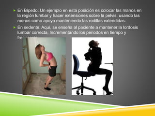  En Bípedo: Un ejemplo en esta posición es colocar las manos en
la región lumbar y hacer extensiones sobre la pelvis, usando las
monos como apoyo manteniendo las rodillas extendidas.
 En sedente: Aquí, se enseña al paciente a mantener la lordosis
lumbar correcta, Incrementando los periodos en tiempo y
frecuencia.
 