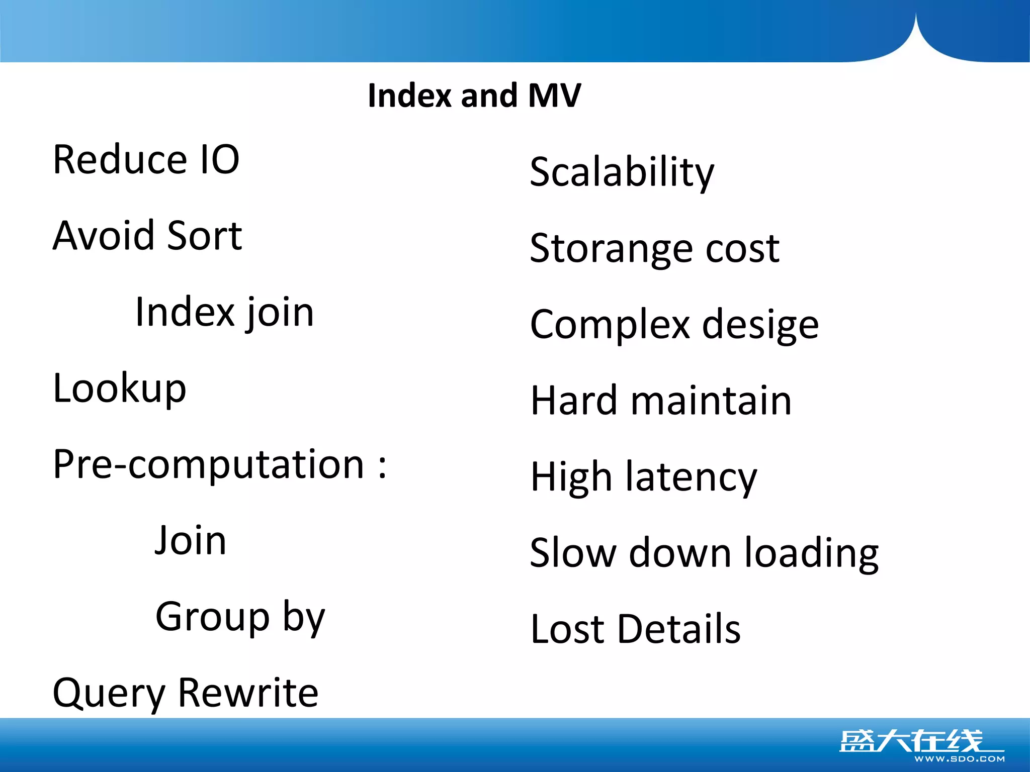 Index and MV
Reduce IO                 Scalability
Avoid Sort                Storange cost
    Index join            Complex desige
Lookup                    Hard maintain
Pre-computation :         High latency
     Join                 Slow down loading
     Group by             Lost Details
Query Rewrite
 