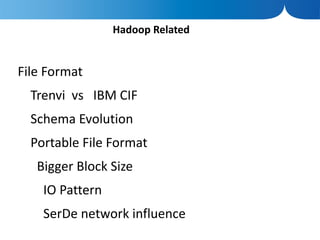 Hadoop Related


File Format
  Trenvi vs IBM CIF
  Schema Evolution
  Portable File Format
   Bigger Block Size
    IO Pattern
    SerDe network influence
 