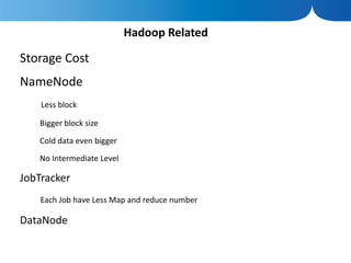 Hadoop Related

Storage Cost
NameNode
    Less block

   Bigger block size

   Cold data even bigger

   No Intermediate Level

JobTracker
    Each Job have Less Map and reduce number

DataNode
 