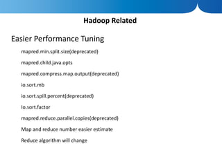 Hadoop Related

Easier Performance Tuning
  mapred.min.split.size(deprecated)

  mapred.child.java.opts

  mapred.compress.map.output(deprecated)

  io.sort.mb

  io.sort.spill.percent(deprecated)

  Io.sort.factor

  mapred.reduce.parallel.copies(deprecated)

  Map and reduce number easier estimate

  Reduce algorithm will change
 