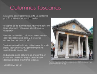 En cuanto al entablamento está se conformó
por: El arquitrabe, el friso, la cornisa.
El capitel es de 5 piezas lisas, las cuales son: •Un
Listel, el ábaco , el equino ,el collarino , el
baquetón .
La colocación de la columna, se encuentra
apoyado sobre una base y a su vez se
encuentran sobre un podio.
También está el fuste, el cual es caracterizado
por su sección circular, generalmente la
superficie de este es liso.
El diámetro de la columna se encuentra en
constante aumento, lo que permite que
decrezca hacia el extremo superior.
(Jurado M. 2015)
Fuente: http://arkyotras.files.wordpress.com/2009/06/st-paul-inigo-
jones-londres-1631-dc.jpg
 