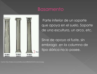 Parte inferior de un soporte
que apoya en el suelo. Soporte
de una escultura, un arco, etc.
Sirve de apoyo al fuste, sin
embrago en la columna de
tipo dórica no lo posee.
Fuente: http://thales.cica.es/rd/Recursos/rd98/HisArtLit/01/columnas.jpg
 