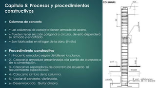 Capitulo 5: Procesos y procedimientos 
constructivos 
 Columnas de concreto 
 • Las columnas de concreto tienen armado de acero. 
 • Pueden tener sección poligonal o circular, de esto dependerá 
su armado y encofrado. 
 • Son fabricadas en el lugar de la obra. (in situ) 
 Procedimiento constructivo 
 1.- Hacer la armadura según detalle en los planos. 
 2.- Colocar la armadura amarrándola a la parrilla de la zapata o 
de la cimentación. 
 3.- Colocar los separadores de concreto de acuerdo al 
recubrimiento especificado. 
 4.- Colocar la cimbra de la columna. 
 5.- Vaciar el concreto, vibrándolo. 
 6.- Desenmoldado. Quitar cimbra. 
 