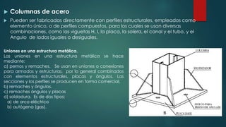  Columnas de acero 
 Pueden ser fabricadas directamente con perfiles estructurales, empleados como 
elemento único, o de perfiles compuestos, para los cuales se usan diversas 
combinaciones, como las viguetas H, I, la placa, la solera, el canal y el tubo, y el 
Angulo de lados iguales o desiguales. 
Uniones en una estructura metálica. 
Las uniones en una estructura metálica se hace 
mediante: 
a) pernos y remaches. Se usan en uniones o conexiones 
para armados y estructuras, por lo general combinados 
con elementos estructurales, placas y ángulos. Las 
secciones y los perfiles se producen en forma comercial. 
b) remaches y ángulos. 
c) remaches ángulos y placas 
d) soldadura. Es de dos tipos: 
a) de arco eléctrico 
b) autógena (gas). 
 