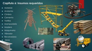 Capitulo 6: Insumos requeridos 
 Material: 
 Andamio 
 Cimbra 
 Cemento 
 Varillas 
 Mampostería 
 Madera 
 Maquinaria: 
 Vibrador 
 Revolvedora 
 Grúa 
 