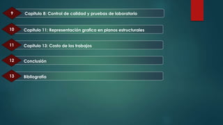 9 Capitulo 8: Control de calidad y pruebas de laboratorio 
10 Capitulo 11: Representación grafica en planos estructurales 
11 Capitulo 13: Costo de los trabajos 
12 Conclusión 
13 Bibliografía 
 
