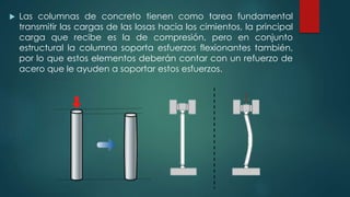  Las columnas de concreto tienen como tarea fundamental 
transmitir las cargas de las losas hacia los cimientos, la principal 
carga que recibe es la de compresión, pero en conjunto 
estructural la columna soporta esfuerzos flexionantes también, 
por lo que estos elementos deberán contar con un refuerzo de 
acero que le ayuden a soportar estos esfuerzos. 
 