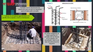 En estas imágenes se
logra apreciar el
armado de los fierros
en la zapata y el
encofrado, claro si el
tipo de estructura lo
requiera
También se ve claramente las
distancias que se que se requieren
para el adecuado armado.
2.- Colocar la armadura agarrándola a la
parrilla de la zapata o de la cimentación.
 