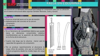 La columna es un elemento estructural que trabaja en compresión pero por su ubicación
en el sistema estructural debe soportar también flexiones, corte y torsión.
➢Fluencia inicial del acero en la cara de tensión
➢Aplastamiento del concreto en la cara en
compresión
➢Por pandeo
FALLA POR
FENÓMENO DE PANDEO
✓ Es un fenómeno de inestabilidad elástica que puede
darse en elementos comprimidos esbeltos
manifestándose por la aparición de deformidades
en la forma de la estructura.
✓ Cuanto más larga sea la columna menor será la
capacidad de aguante a la compresión.
✓ No se produce repentinamente al alcanzarse la
carga crítica de pandeo, sino que se manifiesta de
manera progresiva desde los niveles bajos de carga
axial.
 