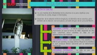 RELACIÓN DE ESBELTEZ
 Es una medida de la flexibilidad de la columna sirve para clasificar a las
columnas en cortas, largas e intermedias.
 Depende de la relación entre la longitud y el diámetro de la columna, pero
también de la relación de la longitud y el radio de giro de la curva de flexión.
COLUMNAS CORTAS : el efecto esbeltez es un factor
importante ya que la forma de fallar depende de ella;
para columnas poco esbeltas la falla es por
aplastamiento del material.
COLUMNAS LARGA : Son elementos más esbeltos y la
falla es por pandeo, la carga última influye en la esbeltez;
lo que produce flexión adicional por la deformación
transversal.
COLUMNAS INTERMEDIA : La falla es por una
combinación de aplastamiento y pandeo.
 