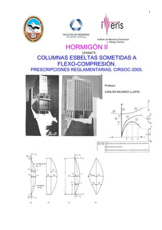 1
Instituto de Mecánica Estructural
y Riesgo Sísmico
HORMIGÓN II
Unidad 5:
COLUMNAS ESBELTAS SOMETIDAS A
FLEXO-COMPRESIÓN.
PRESCRIPCIONES REGLAMENTARIAS. CIRSOC-2005.
Profesor:
CARLOS RICARDO LLOPIZ.
 