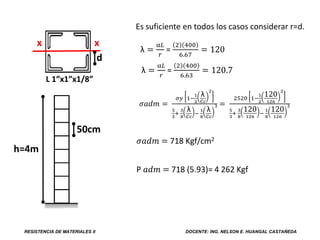 RESISTENCIA DE MATERIALES II DOCENTE: ING. NELSON E. HUANGAL CASTAÑEDA
𝜎𝑎𝑑𝑚 = 718 Kgf/cm2
𝜎𝑎𝑑𝑚 =
𝜎𝑦 1−
1
2
λ
𝐶𝑐
2
5
3
+
3
8
λ
𝐶𝑐
−
1
8
λ
𝐶𝑐
3 =
2520 1−
1
2
120
126
2
5
3
+
3
8
120
126
−
1
8
120
126
3
P 𝑎𝑑𝑚 = 718 (5.93)= 4 262 Kgf
Es suficiente en todos los casos considerar r=d.
λ =
α𝐿
𝑟
=
2 400
6.67
= 120
λ =
α𝐿
𝑟
=
2 400
6.63
= 120.7
x x
h=4m
L 1”x1”x1/8”
50cm
d
 