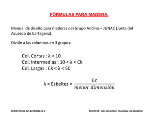 RESISTENCIA DE MATERIALES II DOCENTE: ING. NELSON E. HUANGAL CASTAÑEDA
FÓRMULAS PARA MADERA.
Col. Cortas : λ < 10
Col. Intermedias : 10 < λ < Ck
Col. Largas : Ck < λ < 50
λ = Esbeltez =
𝐿𝑒
𝑚𝑒𝑛𝑜𝑟 𝑑𝑖𝑚𝑒𝑛𝑠𝑖ó𝑛
Manual de diseño para maderas del Grupo Andino – JUNAC (Junta del
Acuerdo de Cartagena).
Divide a las columnas en 3 grupos:
 
