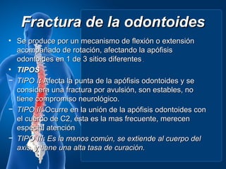 Fractura de la odontoides
• Se produce por un mecanismo de flexión o extensión
  acompañado de rotación, afectando la apófisis
  odontoides en 1 de 3 sitios diferentes.
• TIPOS
− TIPO I: Afecta la punta de la apófisis odontoides y se
  considera una fractura por avulsión, son estables, no
  tiene compromiso neurológico.
− TIPO II: Ocurre en la unión de la apófisis odontoides con
  el cuerpo de C2, ésta es la mas frecuente, merecen
  especial atención
− TIPO III: Es la menos común, se extiende al cuerpo del
  axis, y tiene una alta tasa de curación.
 
