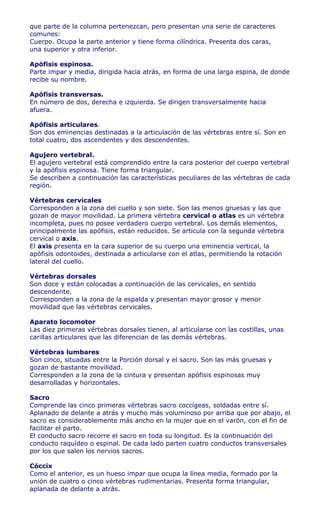 que parte de la columna pertenezcan, pero presentan una serie de caracteres
comunes:
Cuerpo. Ocupa la parte anterior y tiene forma cilíndrica. Presenta dos caras,
una superior y otra inferior.

Apófisis espinosa.
Parte impar y media, dirigida hacia atrás, en forma de una larga espina, de donde
recibe su nombre.

Apófisis transversas.
En número de dos, derecha e izquierda. Se dirigen transversalmente hacia
afuera.

Apófisis articulares.
Son dos eminencias destinadas a la articulación de las vértebras entre sí. Son en
total cuatro, dos ascendentes y dos descendentes.

Agujero vertebral.
El agujero vertebral está comprendido entre la cara posterior del cuerpo vertebral
y la apófisis espinosa. Tiene forma triangular.
Se describen a continuación las características peculiares de las vértebras de cada
región.

Vértebras cervicales
Corresponden a la zona del cuello y son siete. Son las menos gruesas y las que
gozan de mayor movilidad. La primera vértebra cervical o atlas es un vértebra
incompleta, pues no posee verdadero cuerpo vertebral. Los demás elementos,
principalmente las apófisis, están reducidos. Se articula con la segunda vértebra
cervical o axis.
El axis presenta en la cara superior de su cuerpo una eminencia vertical, la
apófisis odontoides, destinada a articularse con el atlas, permitiendo la rotación
lateral del cuello.

Vértebras dorsales
Son doce y están colocadas a continuación de las cervicales, en sentido
descendente.
Corresponden a la zona de la espalda y presentan mayor grosor y menor
movilidad que las vértebras cervicales.

Aparato locomotor
Las diez primeras vértebras dorsales tienen, al articularse con las costillas, unas
carillas articulares que las diferencian de las demás vértebras.

Vértebras lumbares
Son cinco, situadas entre la Porción dorsal y el sacro. Son las más gruesas y
gozan de bastante movilidad.
Corresponden a la zona de la cintura y presentan apófisis espinosas muy
desarrolladas y horizontales.

Sacro
Comprende las cinco primeras vértebras sacro coccígeas, soldadas entre sí.
Aplanado de delante a atrás y mucho más voluminoso por arriba que por abajo, el
sacro es considerablemente más ancho en la mujer que en el varón, con el fin de
facilitar el parto.
El conducto sacro recorre el sacro en toda su longitud. Es la continuación del
conducto raquídeo o espinal. De cada lado parten cuatro conductos transversales
por los que salen los nervios sacros.

Cóccix
Como el anterior, es un hueso impar que ocupa la línea media, formado por la
unión de cuatro o cinco vértebras rudimentarias. Presenta forma triangular,
aplanada de delante a atrás.
 